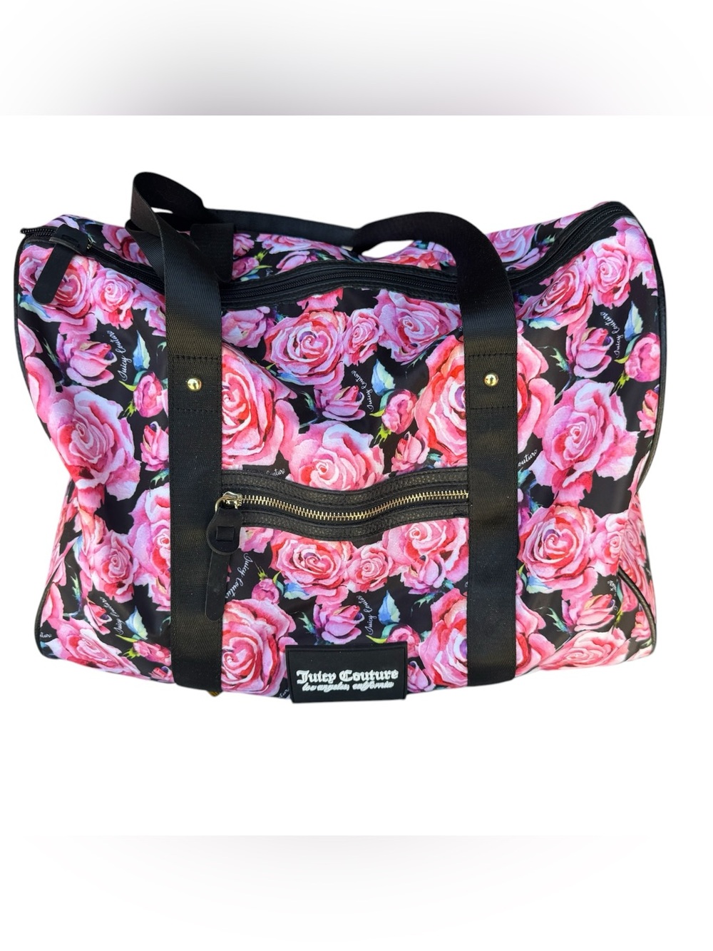 Juicy Couture High End MINT Black & Pink Rose Print Tote Duffel Bag Weekender